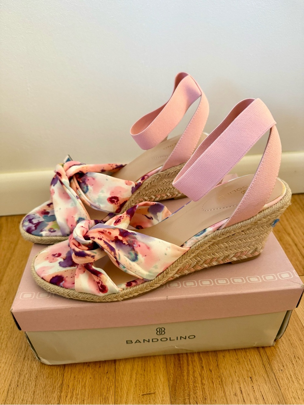 Bandolino Pink Floral Knot Espadrille Wedges with Elastic Strap